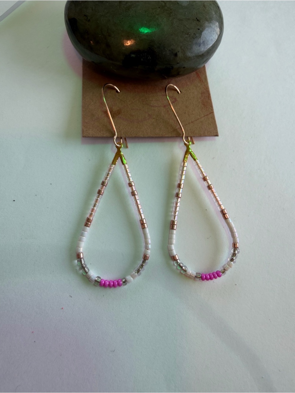 Handmade White and Pink Beaded Teardrop Earrings